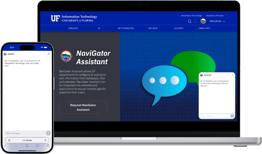 Device screenshots of UF NaviGator Assistant on UFIT website