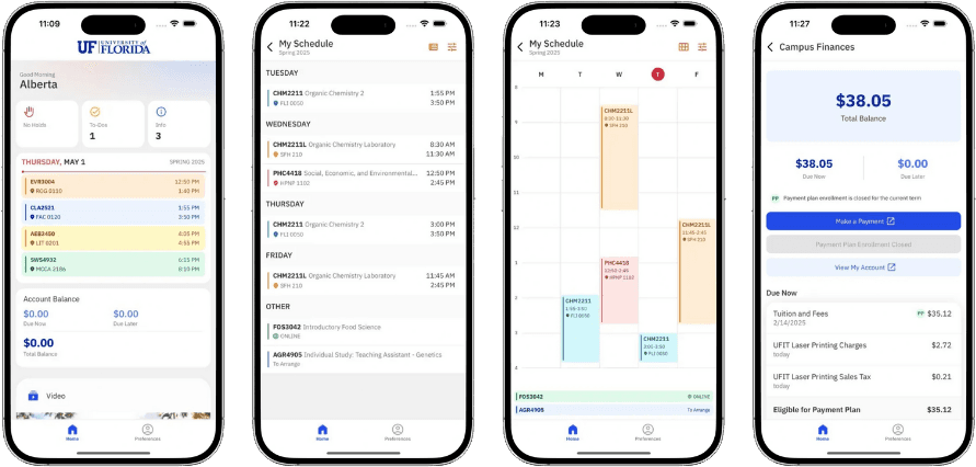 Device screenshots of UF mobile app