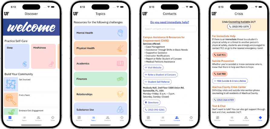Device screenshots of Whole Gator mobile app