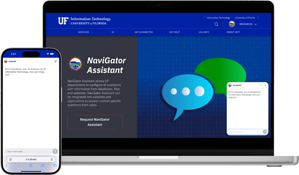 NaviGator Assistant chat window on the UF Information Technology website, shown on a laptop and phone