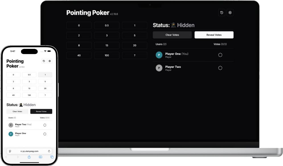 Pointing Poker voting screen with point cards and player list on a laptop and phone