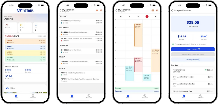 Four phone screens of the UF Mobile App: home, class schedule list, weekly calendar, and campus finances