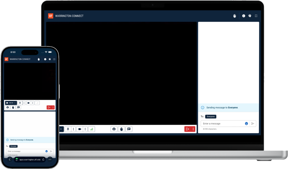 Warrington Connect meeting app with video, controls, and chat on a laptop and phone