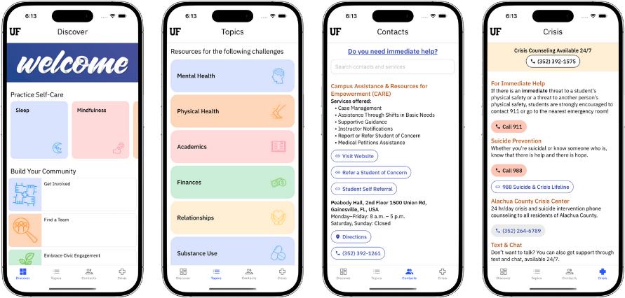 Four phone screens of the Whole Gator Mobile App: Discover, Topics, Contacts, and Crisis